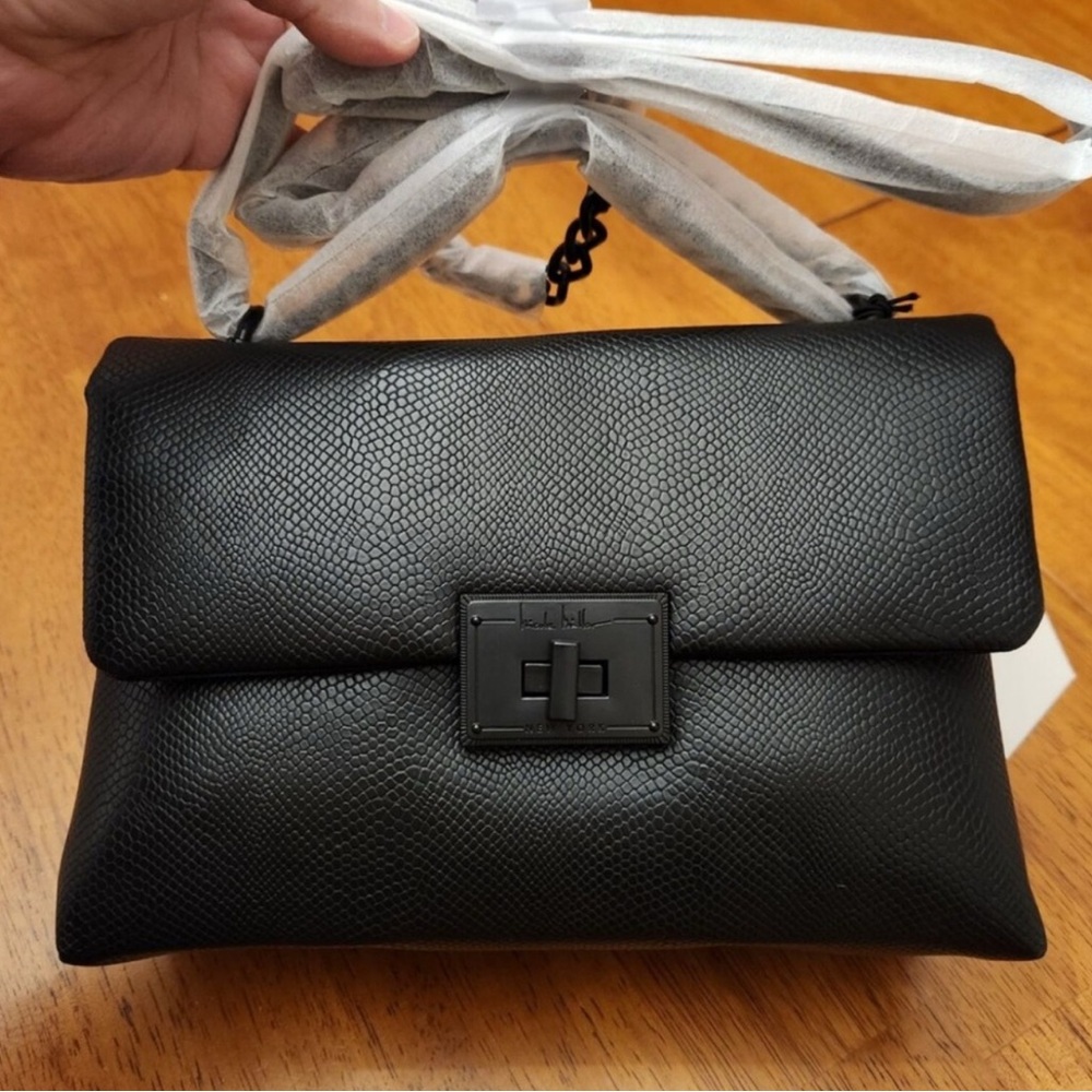 Nicole Miller Black Snakeskin Shoulder/Crossbody Bag -Adjustable Chain Strap NWT